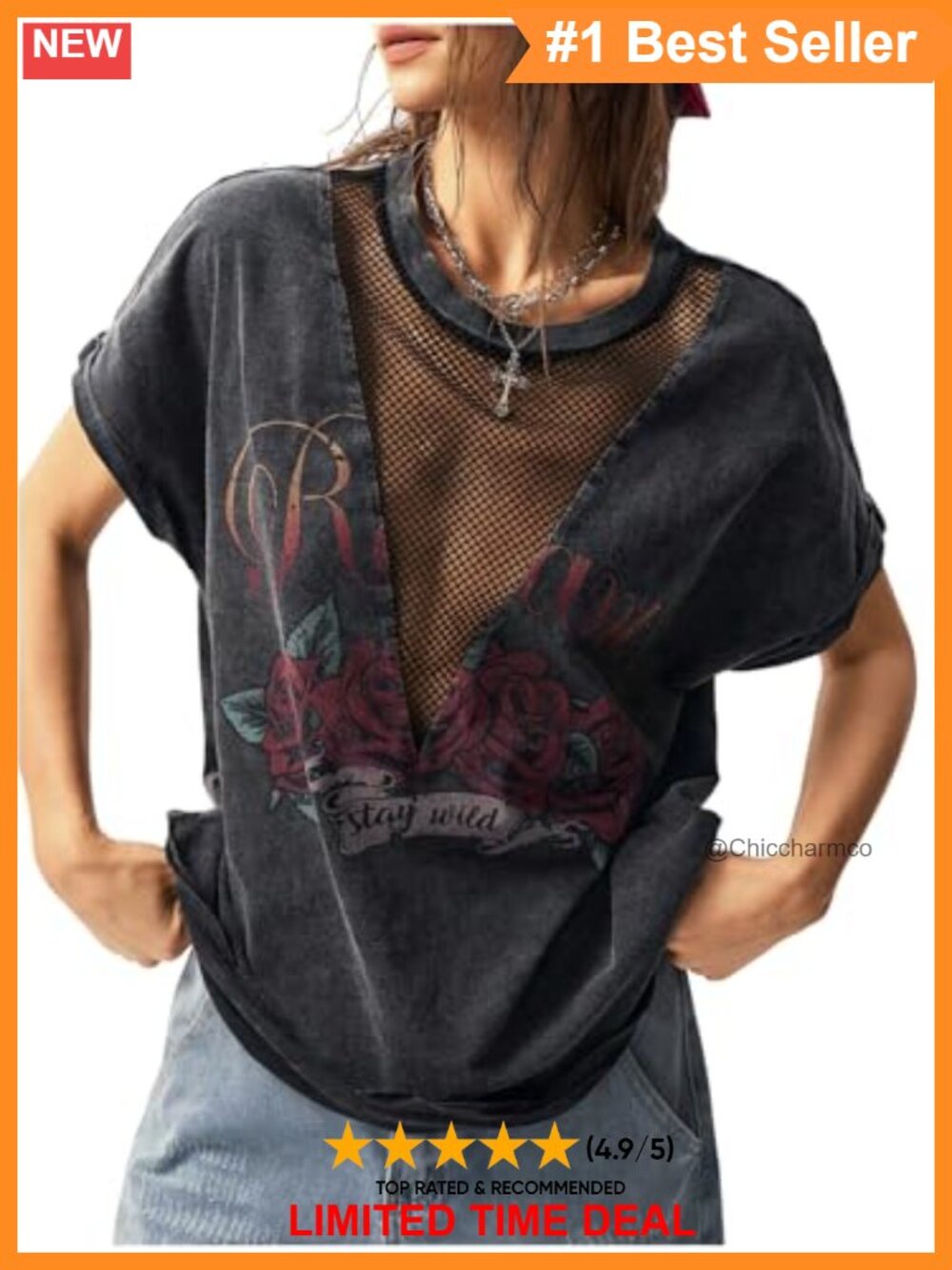 Women's Vintage Graphic Mesh Goth Y2k Streetwear Short Sleeve T-Shirt